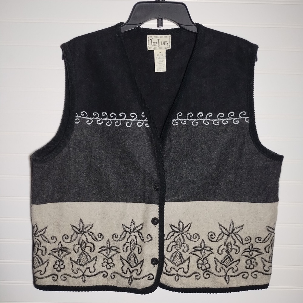 VTG Y2K TanTrums Wool Blend Embroidered Southwest Vest Black Gray Women PL 90s
